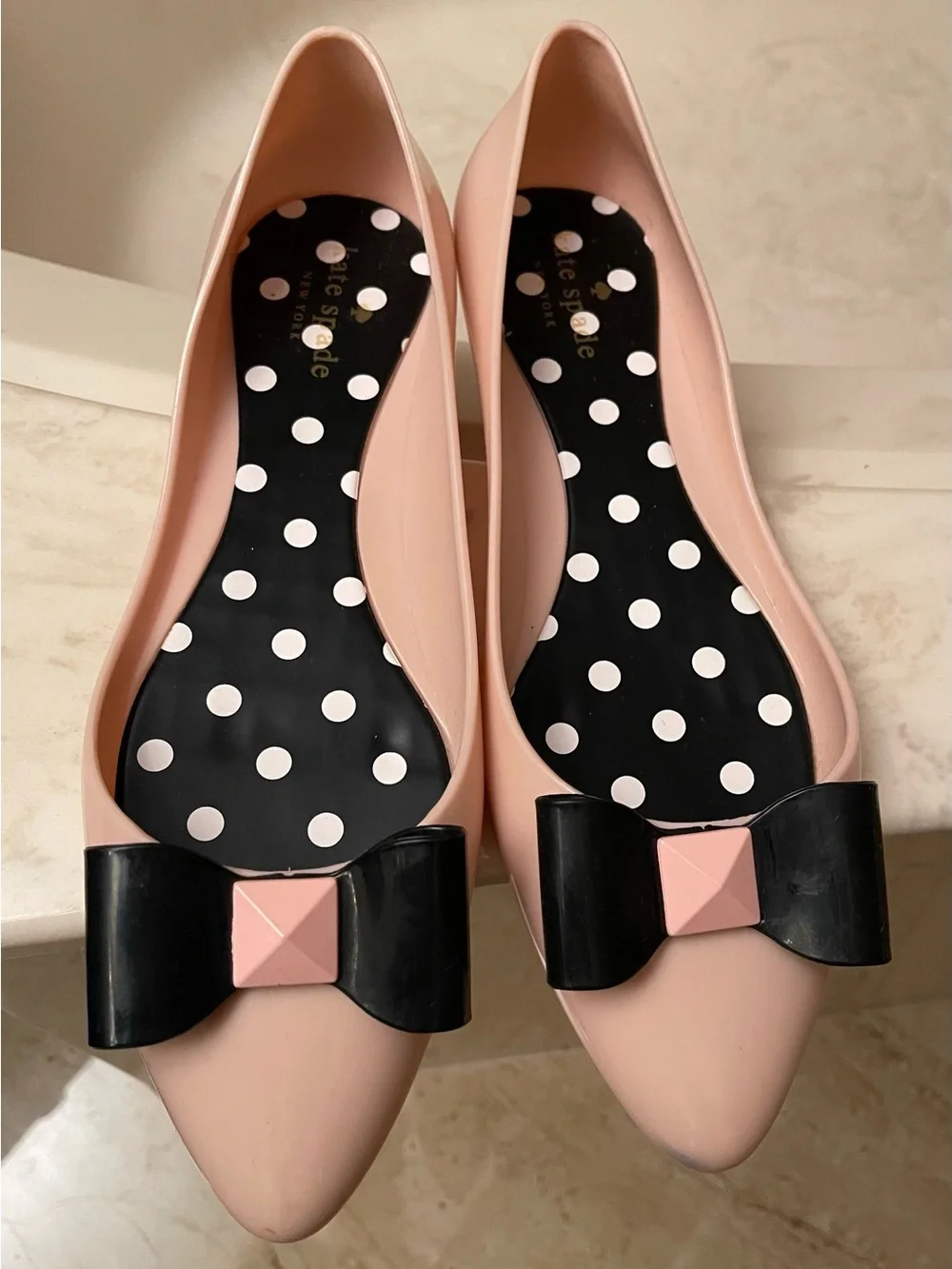 kate spade Jelly Ballerina Blush Pink Pointed Toe Flats with Black Bow